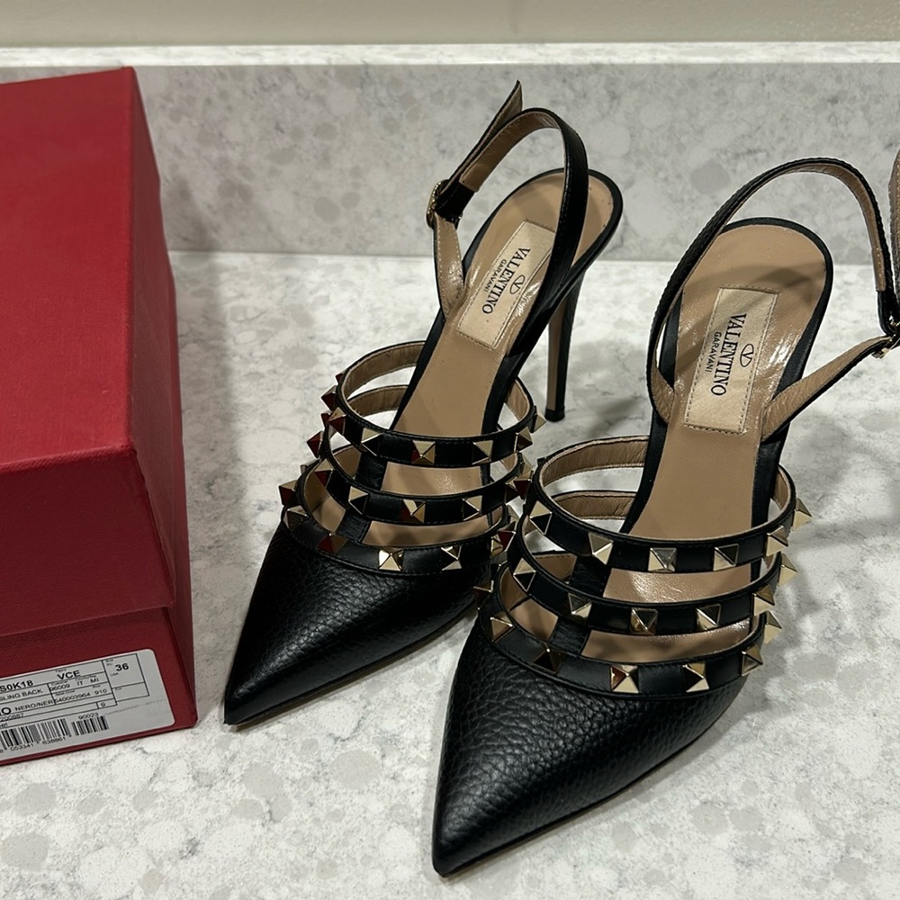 Valentino Rockstud Black Pebbled Slingbacks 36